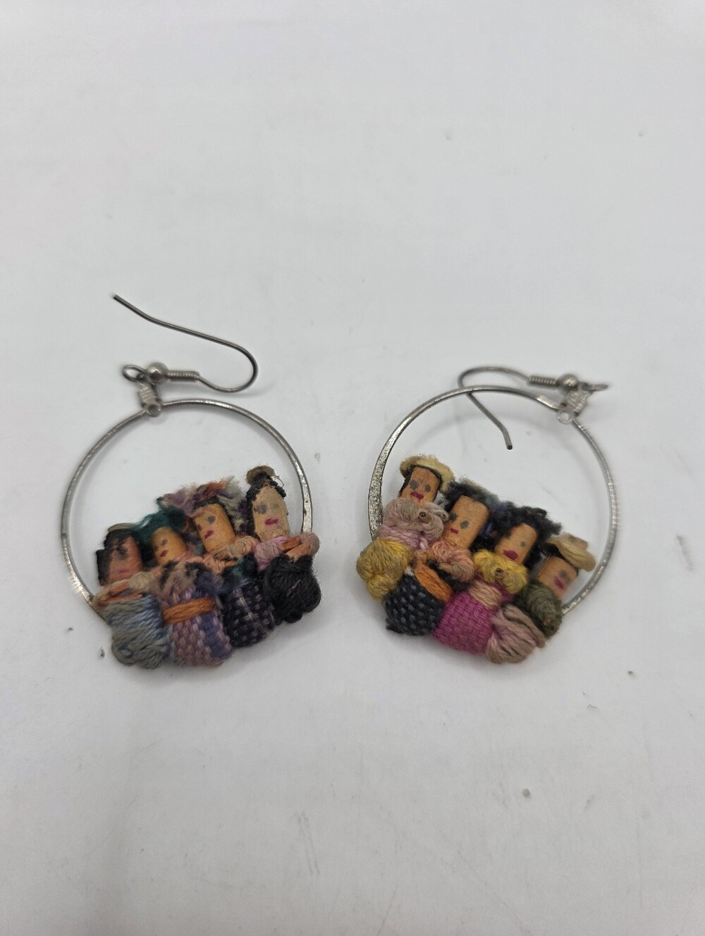 VTG 70s Guatemalan Worry Doll Hoop Earrings Folk Art Boho Miniatures Handmade